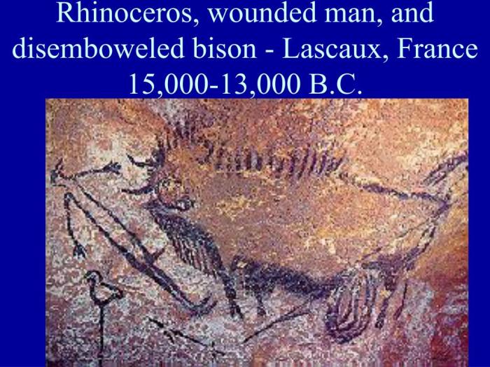 Rhinoceros wounded man and disemboweled bison